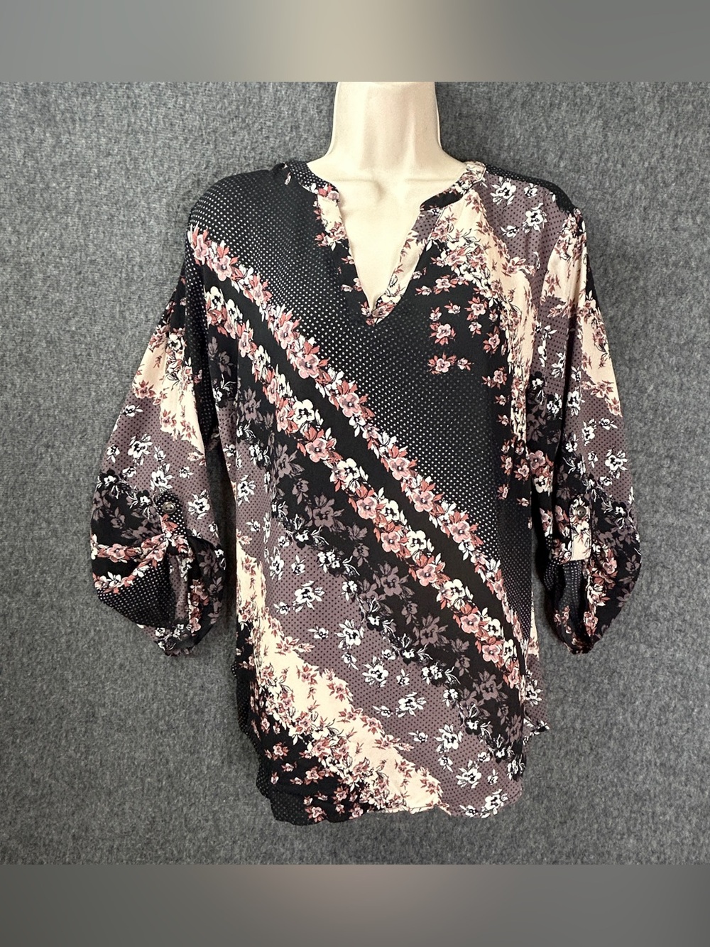MauricesBlouse Womens 0X Multicolor Floral V-Neck Roll Tab Sleeve Tunic Top Boho